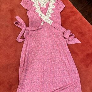 LoveShackFancy Pink Floral Dress with White Lace